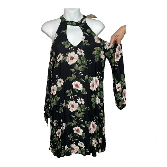 Women’s American‎ Eagle Outfitters Black Floral Cold Shoulder Dress Size Small - Picture 2 of 6